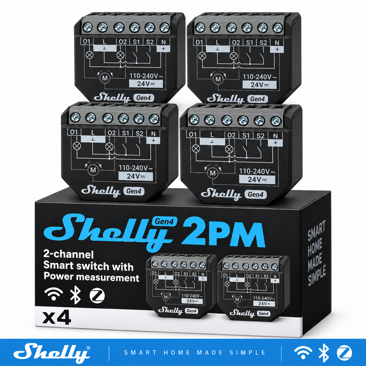 Shelly Plus 2PM Gen4 - Smart Relay Tapparelle 16A AC/DC WiFi/BT/Matter/Zigbee + PM - 4 pack